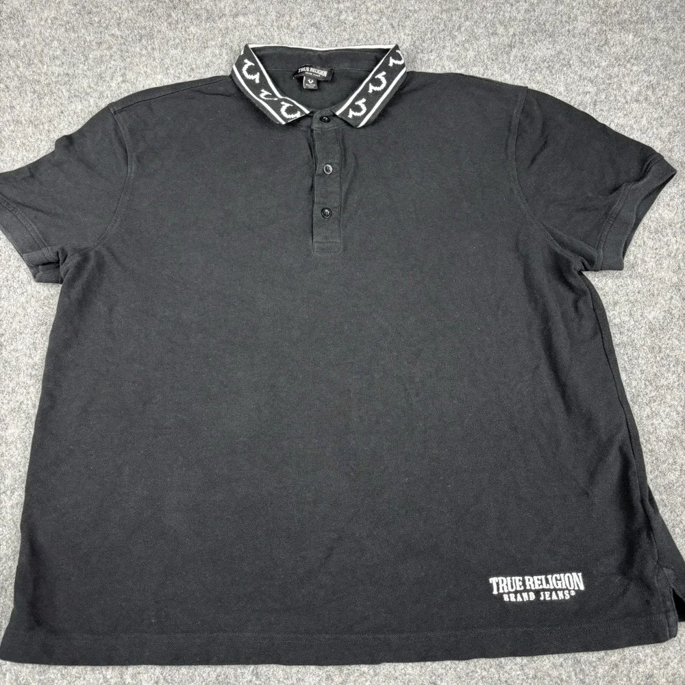 True Religion Polo Shirt Mens Xl Black Short Sleeve Logo Streetwear Skater Y2K